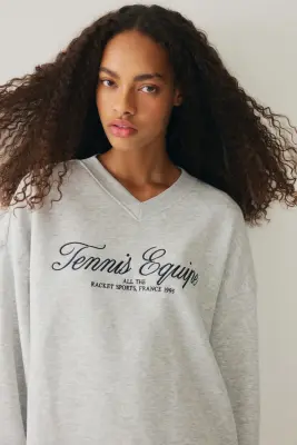 Sweat oversize avec encolure en V - Gris chiné/Tennis Equipe — photo 2