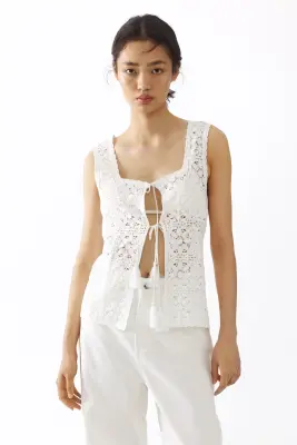 Top à nouer en maille pointelle - Crème — photo 2