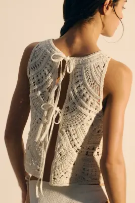 Top de plage façon crochet en coton - Crème — photo 3