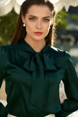 Lena Silk Bow Blouse - Deep green — photo 4