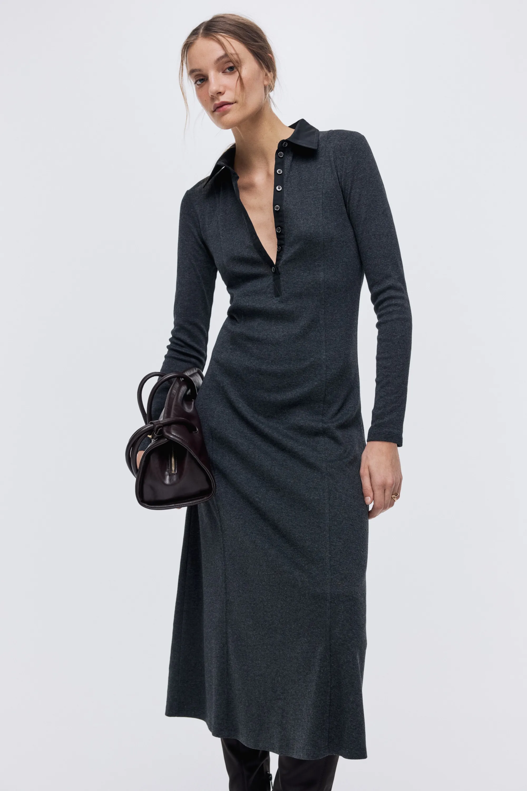 Robe polo en maille fine - Gris foncé chiné