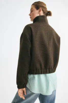 Veste à col droit en laine mélangée - Beige/motif pied-de-poule — photo 5