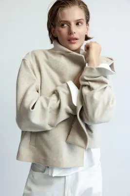 Veste à col entonnoir en feutre - Beige clair — photo 3