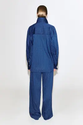 CHEMISE EN COTON AUX POIGNETS REPLIÉS - BLEU / RAYÉ — photo 4