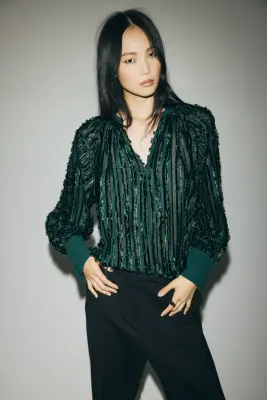Blouse avec col à nouer - Vert foncé — photo 2