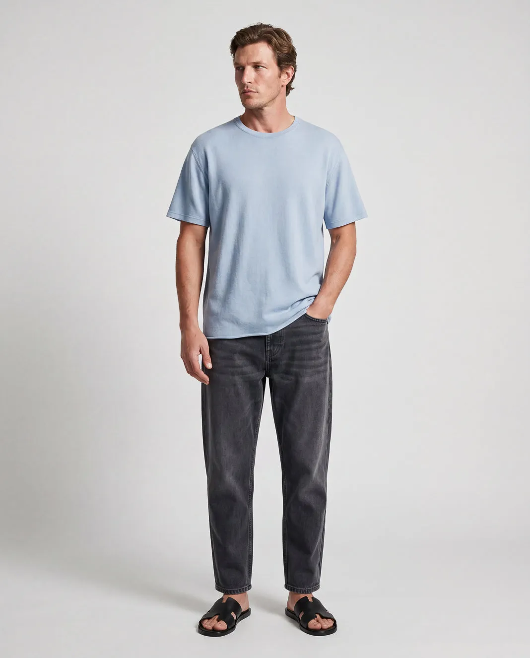T-shirt Bleu Clair Col Rond Manches Courtes en Cachemire