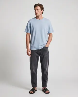 T-shirt Bleu Clair Col Rond Manches Courtes en Cachemire