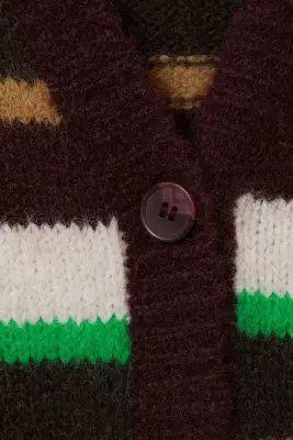 Cardigan doux en maille à col en V - Prune/Vert/Rayures beige — photo 3