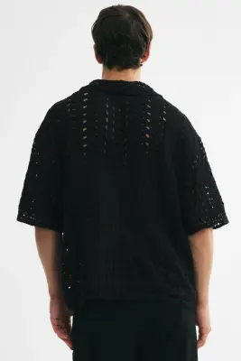 Relaxed Fit Crochet-look polo shirt - Noir — photo 3