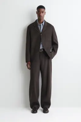 PANTALON LARGE DÉCONTRACTÉ EN LAINE DOUBLE FACE - BRUN FONCÉ — photo 1