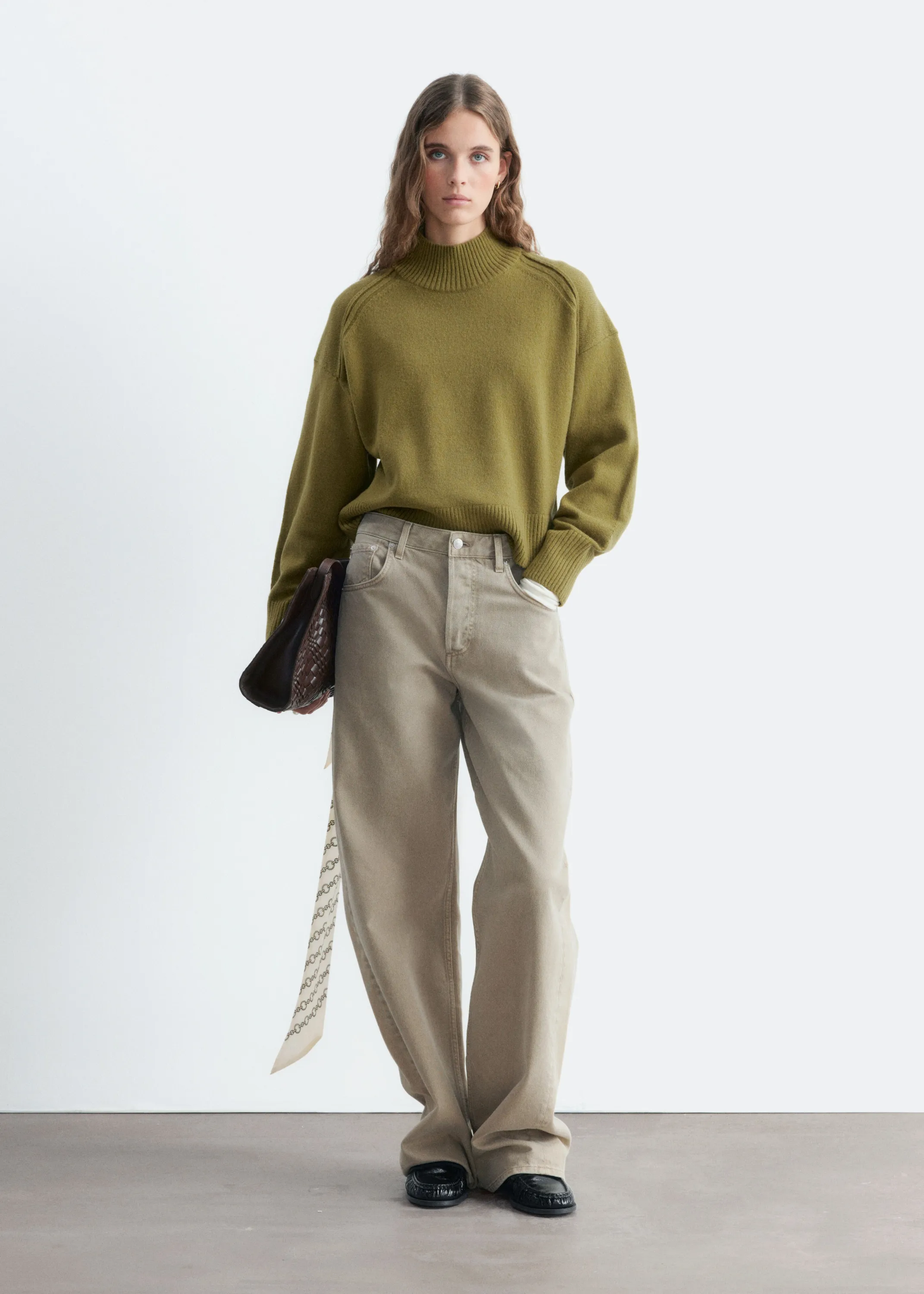 Pull à col montant en laine et coton - Vert olive