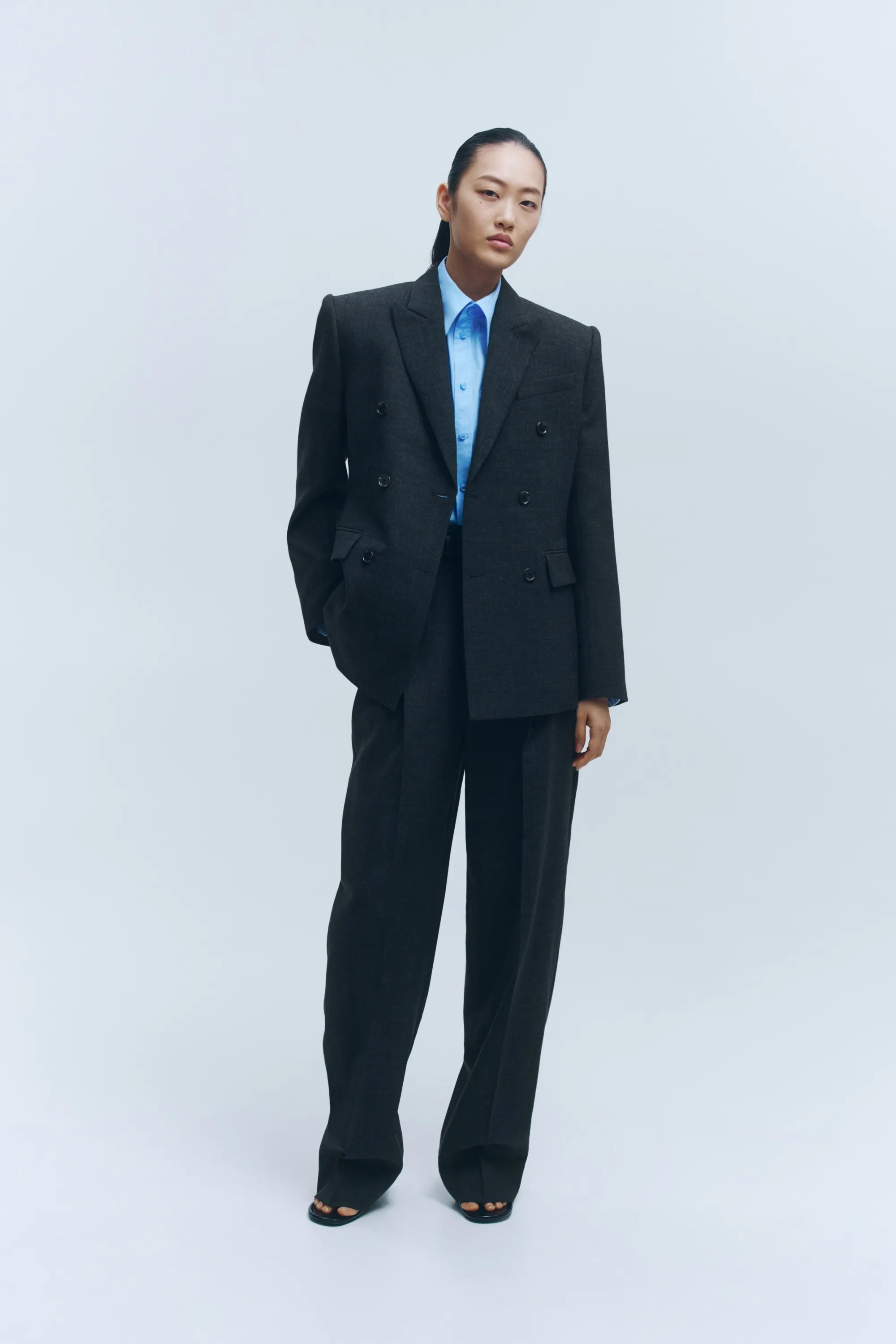 Blazer en laine à fermeture croisée - Gris foncé chiné