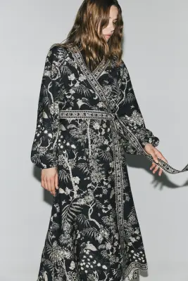 Robe portefeuille à manches longues - Noir/motif