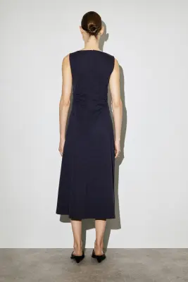 ROBE MIDI EN JERSEY DE COTON À TAILLE FRONCÉE - BLEU MARINE — photo 3
