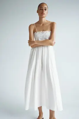 Robe avec détails brodés et bretelles à nouer - Crème — photo 2