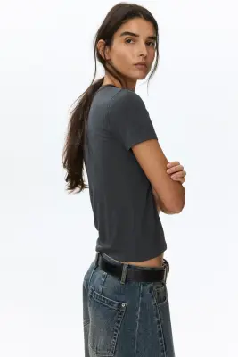 T-shirt côtelé en viscose - Gris foncé — photo 2
