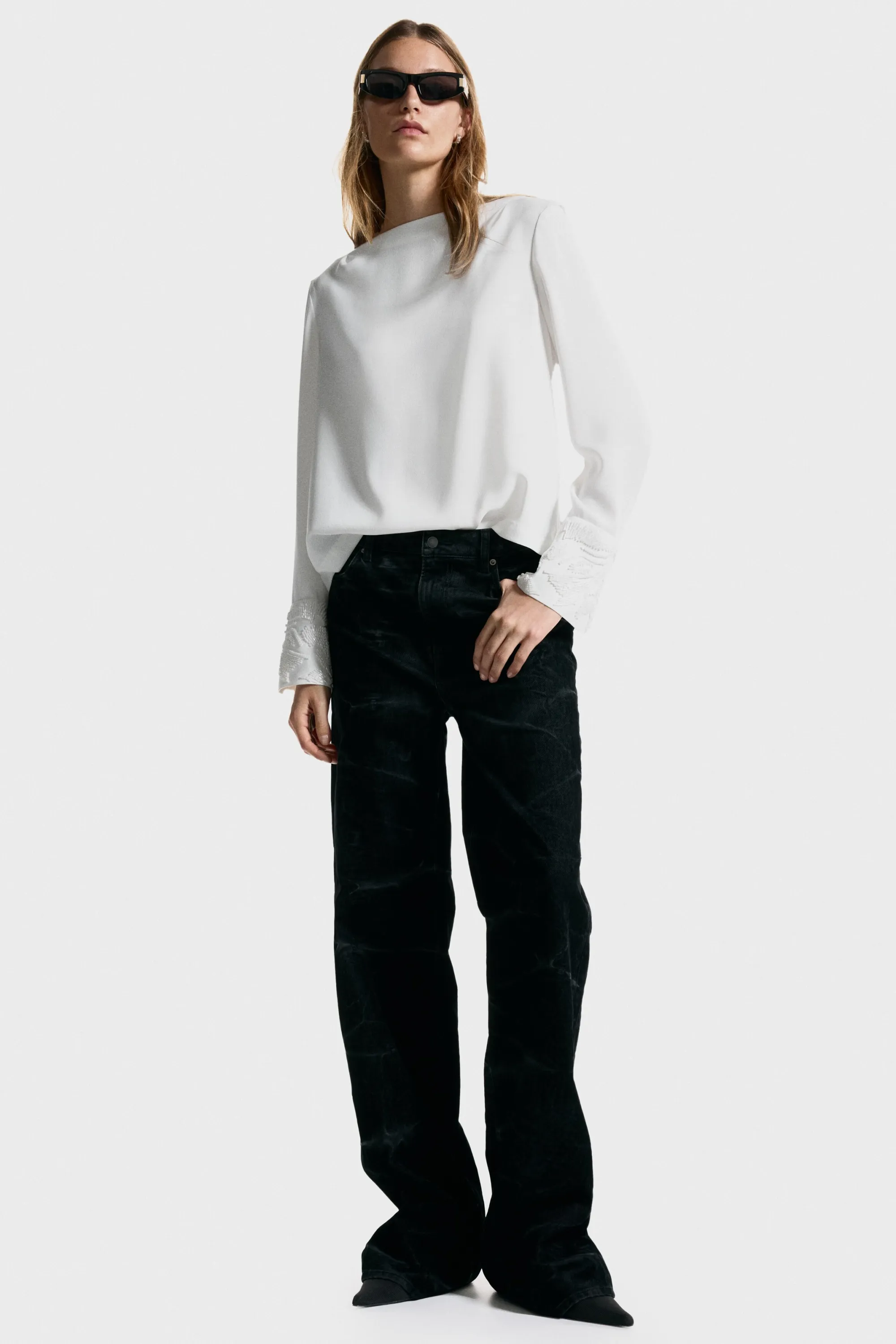 Blouse à dos bénitier avec perles fantaisie - Blanc