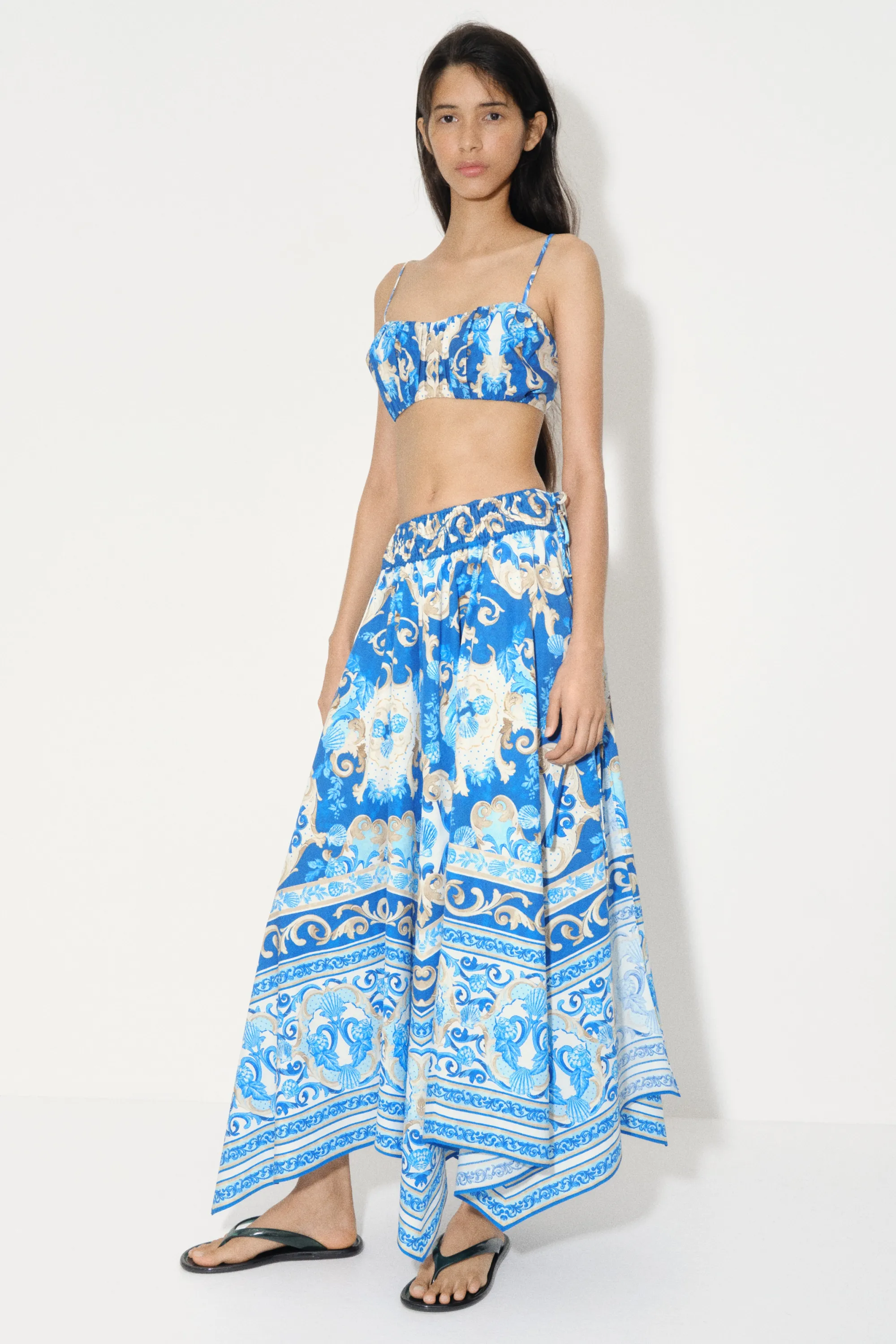 Crop top froncé en popeline - Bleu/motif