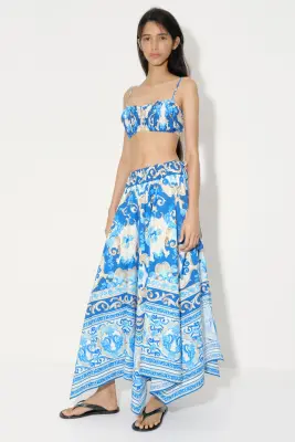 Crop top froncé en popeline - Bleu/motif — photo 1