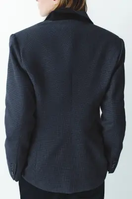 Blazer à fermeture droite en twill - Bleu marine/carreaux — photo 5