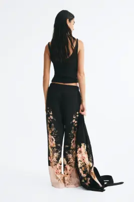 Pantalon en viscose mélangée avec taille élastique - Noir/fleuri — photo 4
