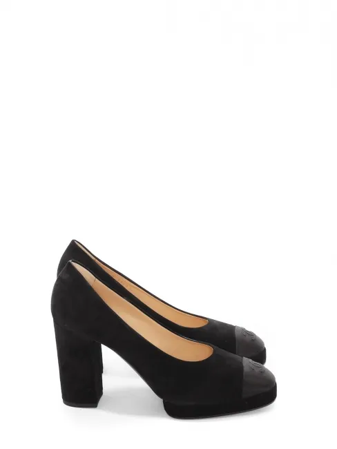Escarpins à plateforme bout rond en suede et satin noir Prix boutique 1100€ Taille 42