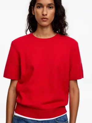 Pull à manches courtes en laine et coton - Rouge — photo 3