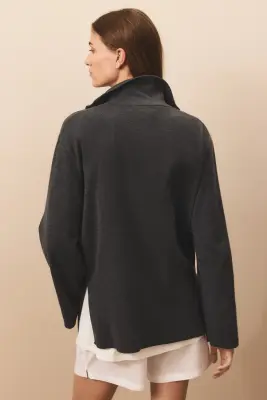 Pull en maille fine avec col zippé - Gris foncé — photo 3