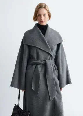 Manteau long en laine à col châle - Gris foncé — photo 2