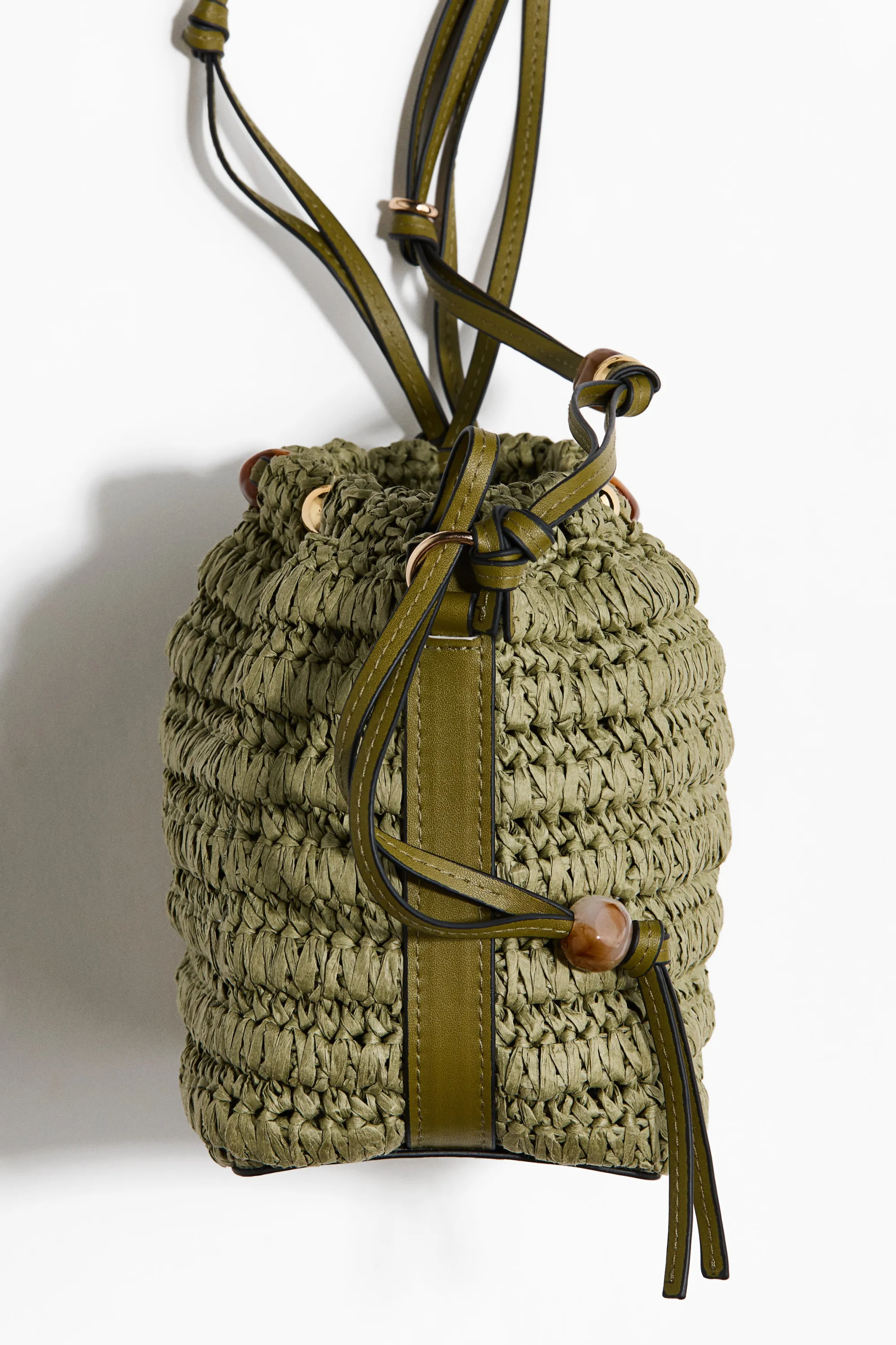 Sac crossbody en paille avec perles fantaisie - Vert kaki