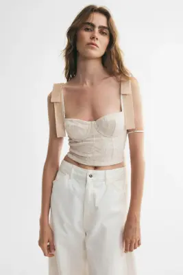 Top bustier avec nœuds - Beige clair/crème — photo 2