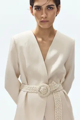 Blazer sans revers avec ceinture - Beige clair — photo 3