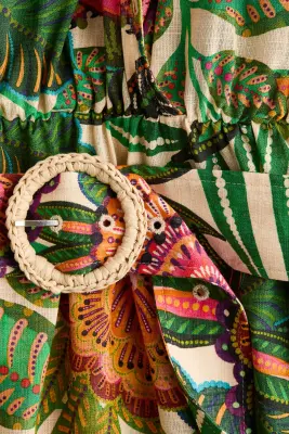 Robe en coton avec ceinture - Vert foncé/fleuri — photo 2