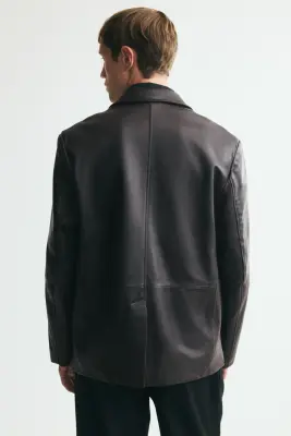 Veste en cuir à fermeture droite - Marron foncé — photo 3