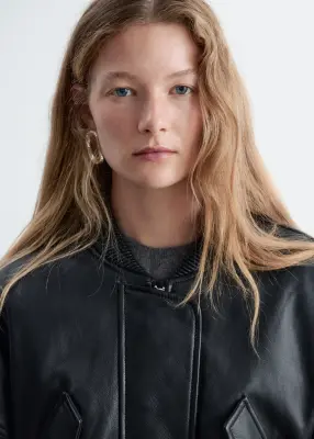 Veste style bomber courte en cuir - Noir — photo 2