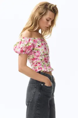 Top épaules nues à effet ruché - Rose/fleuri — photo 2