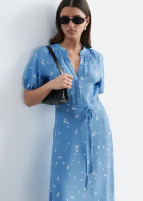 Robe midi à taille ceinturée - Bleu/Motif fleuri — photo 3