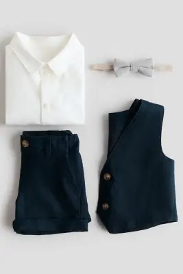 Ensemble habillé 4 pièces en lin mélangé - Bleu marine/blanc — photo 3