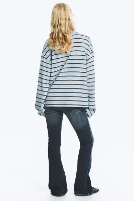 T-shirt en coton à manches longues - Bleu clair rayé/marron — photo 2
