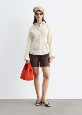 Chemise en lin plissée à la taille - Beige clair — photo 1