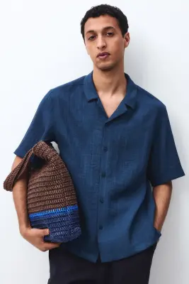 Chemise Relaxed Fit avec col cubain - Bleu foncé — photo 1