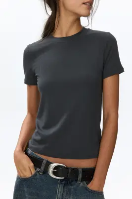 T-shirt côtelé en viscose - Gris foncé — photo 1