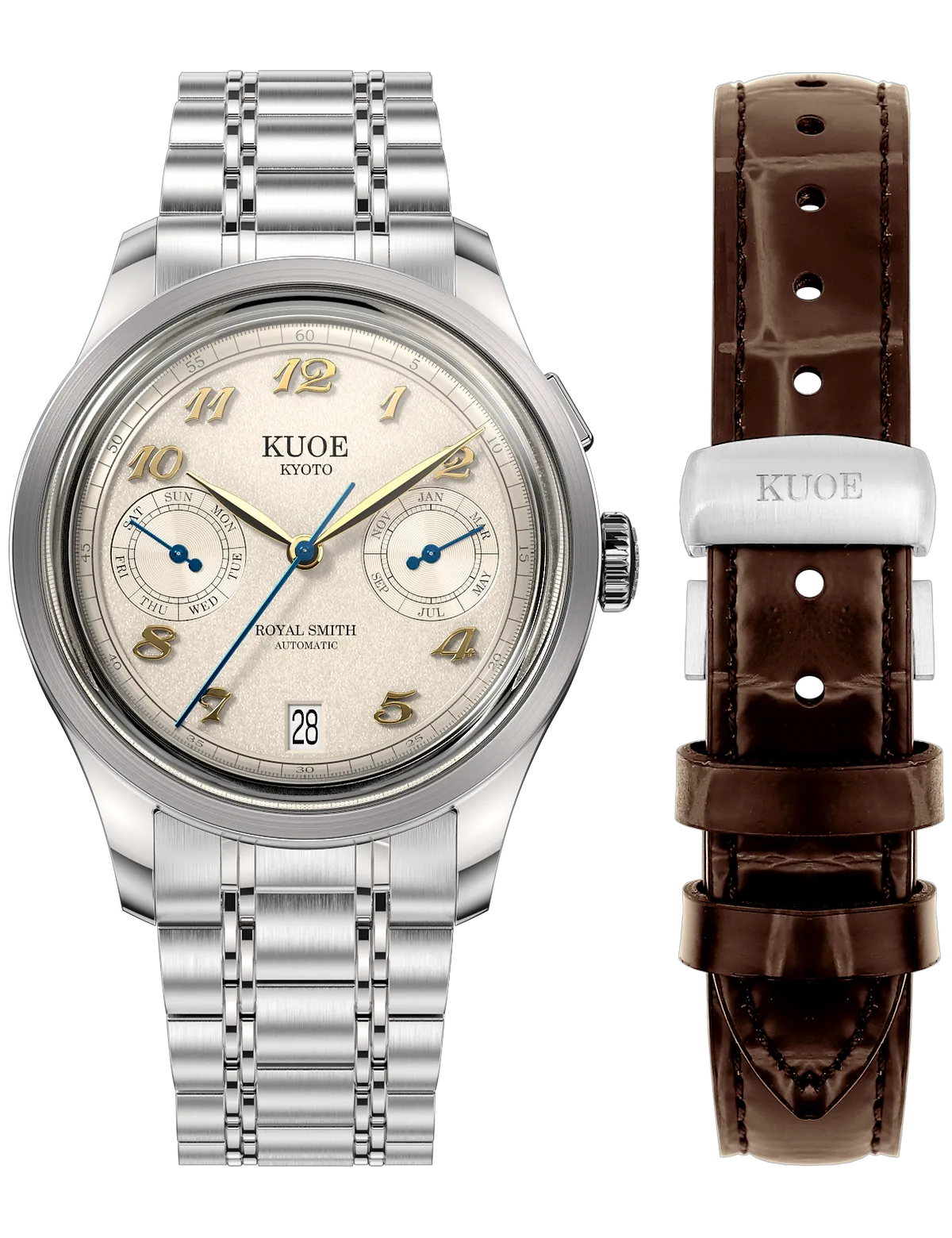 KUOE ROYAL SMITH 90-010 IVORY X GRAINY FINISH DIAL / MIXED-LINK BRACELET / EXHIBITION CASEBACK