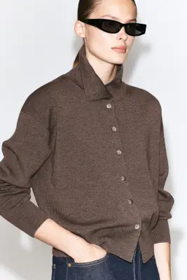 CARDIGAN À COL CHEMINÉE EN LAINE MÉRINOS - BRUN CHINÉ — photo 4