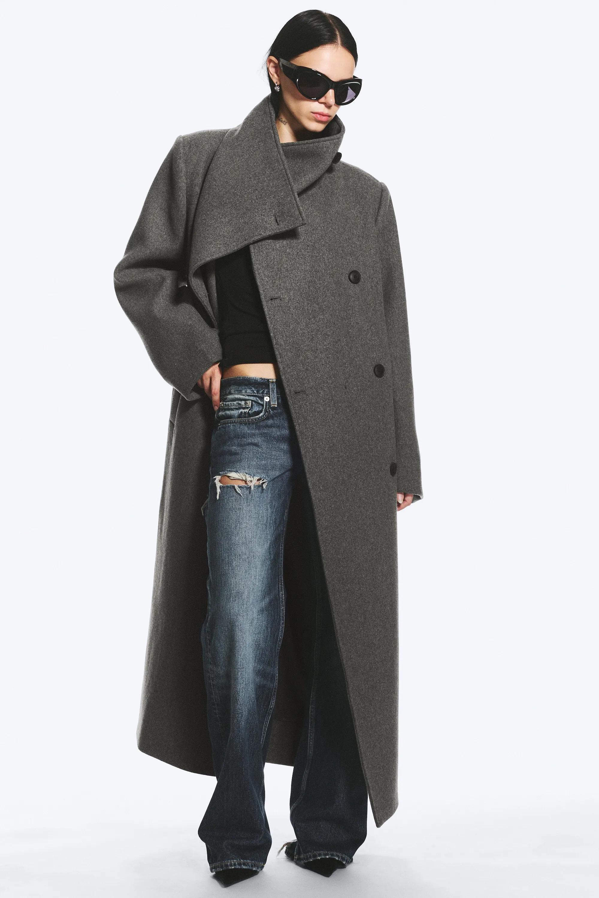 Manteau oversize à col cheminée en mélange de laine - Dark Grey Melange