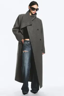 Manteau oversize à col cheminée en mélange de laine - Dark Grey Melange — photo 1