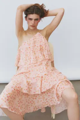 Robe asymétrique à étages en lin mélangé - Rose clair/fleuri — photo 1