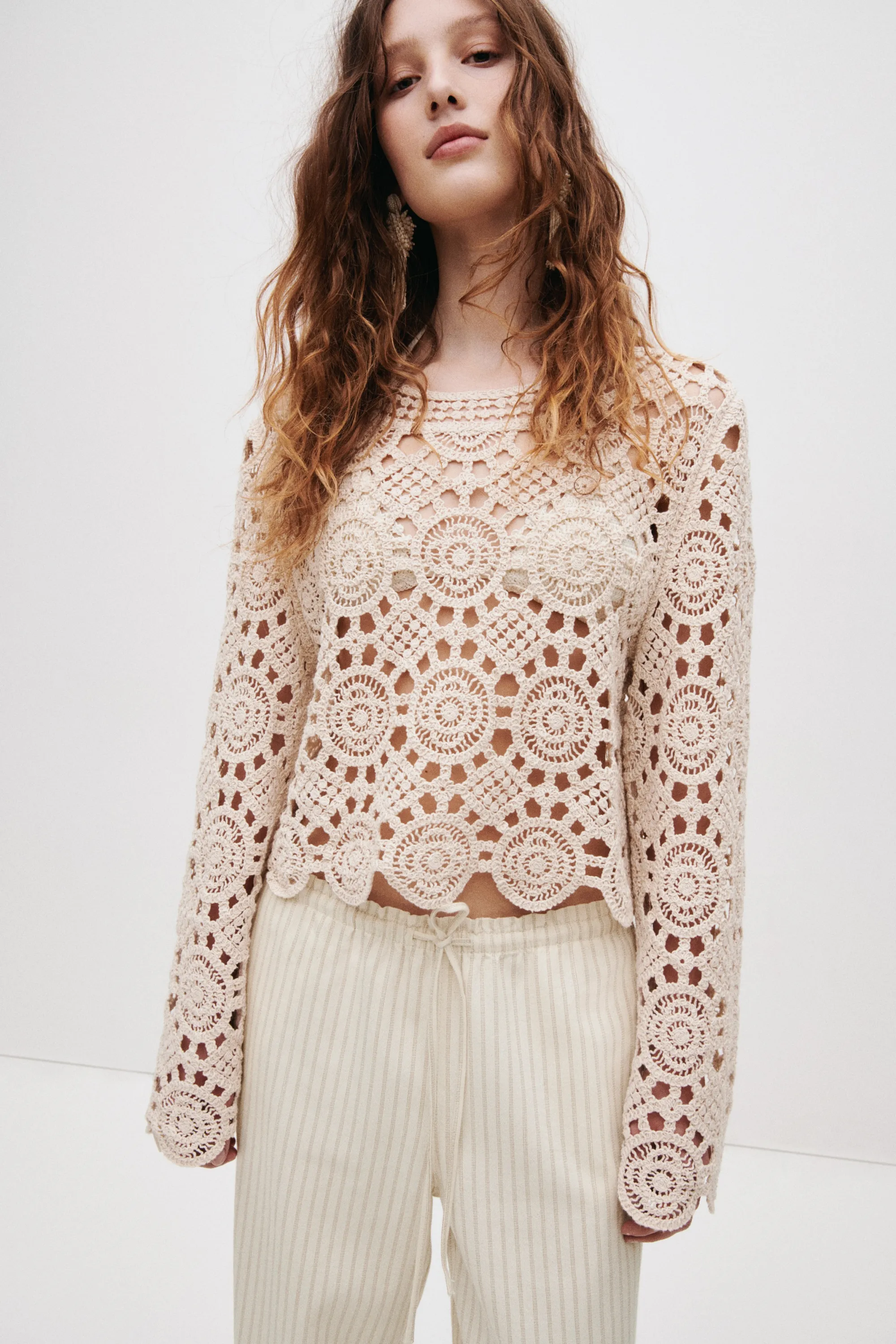 Pantalon en denim avec taille élastique - Beige clair/rayé
