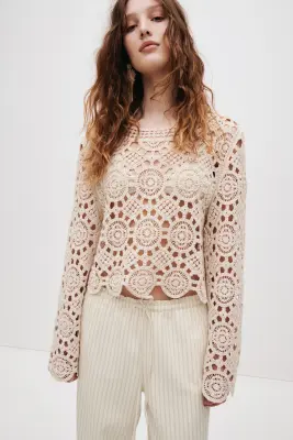 Pantalon en denim avec taille élastique - Beige clair/rayé — photo 1