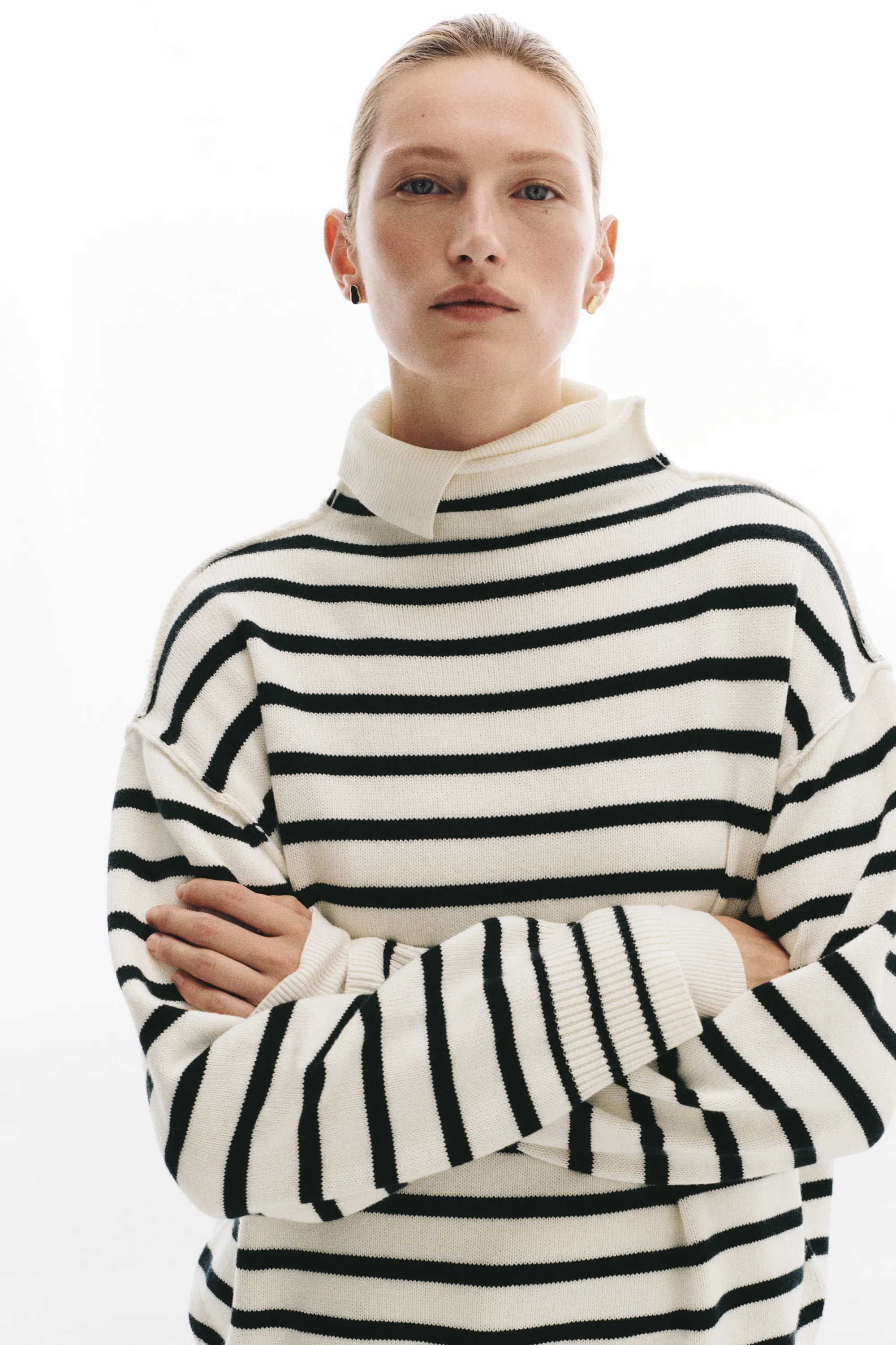 Pull oversize en laine mélangée - Blanc/rayures bleu marine